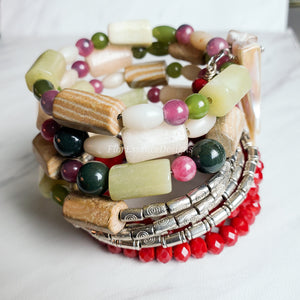 Jade and Red Chinese Crystal Layering Bracelet