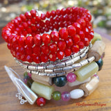 Jade and Red Chinese Crystal Layering Bracelet